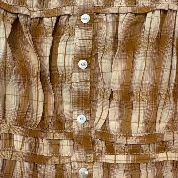 Bohme Brown Beige Plaid Smocked Blouse Size Large - Picture 4 of 13